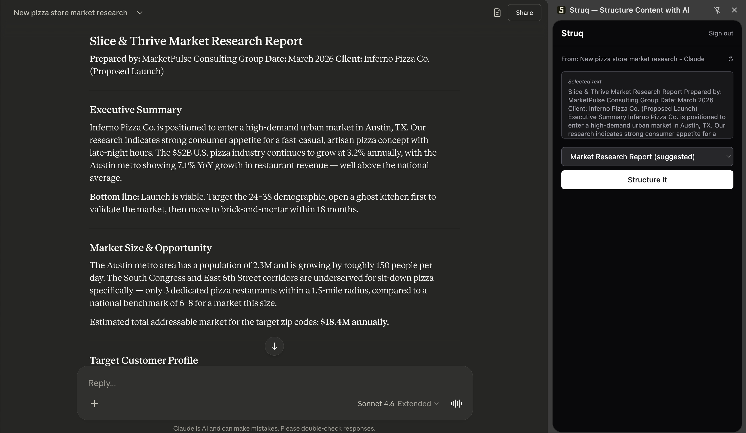 Struq Chrome extension side panel capturing and structuring content from a webpage